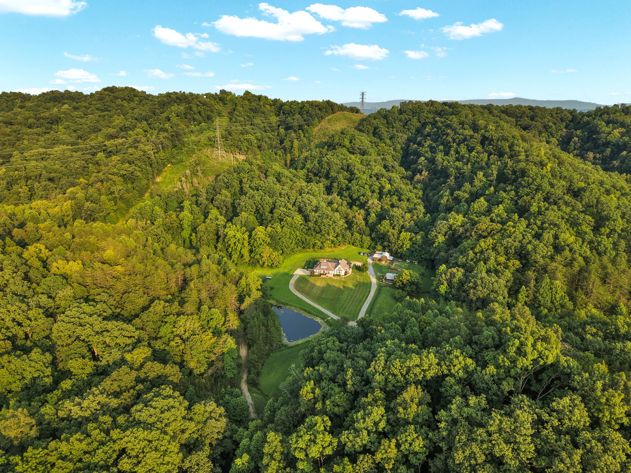 Aerial perspective showing the residence, pond and surrounding private woodland